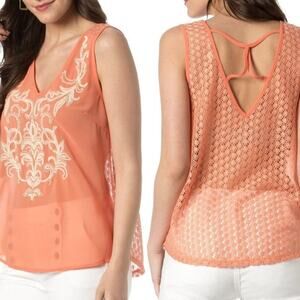 Miss Me Orange Citrus Hottie Embroidered Open-Knit Back Blouse Size Small
